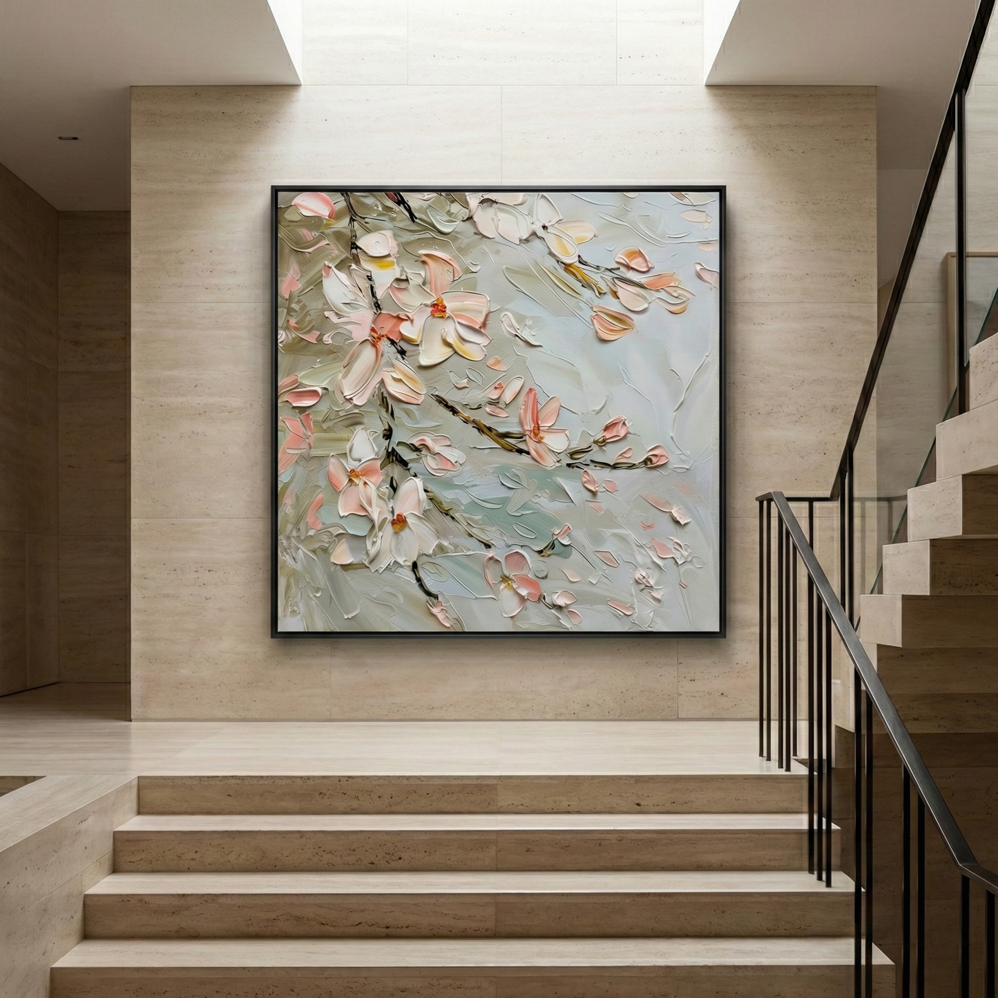 Resonant Drift square artwork beside a modern staircase