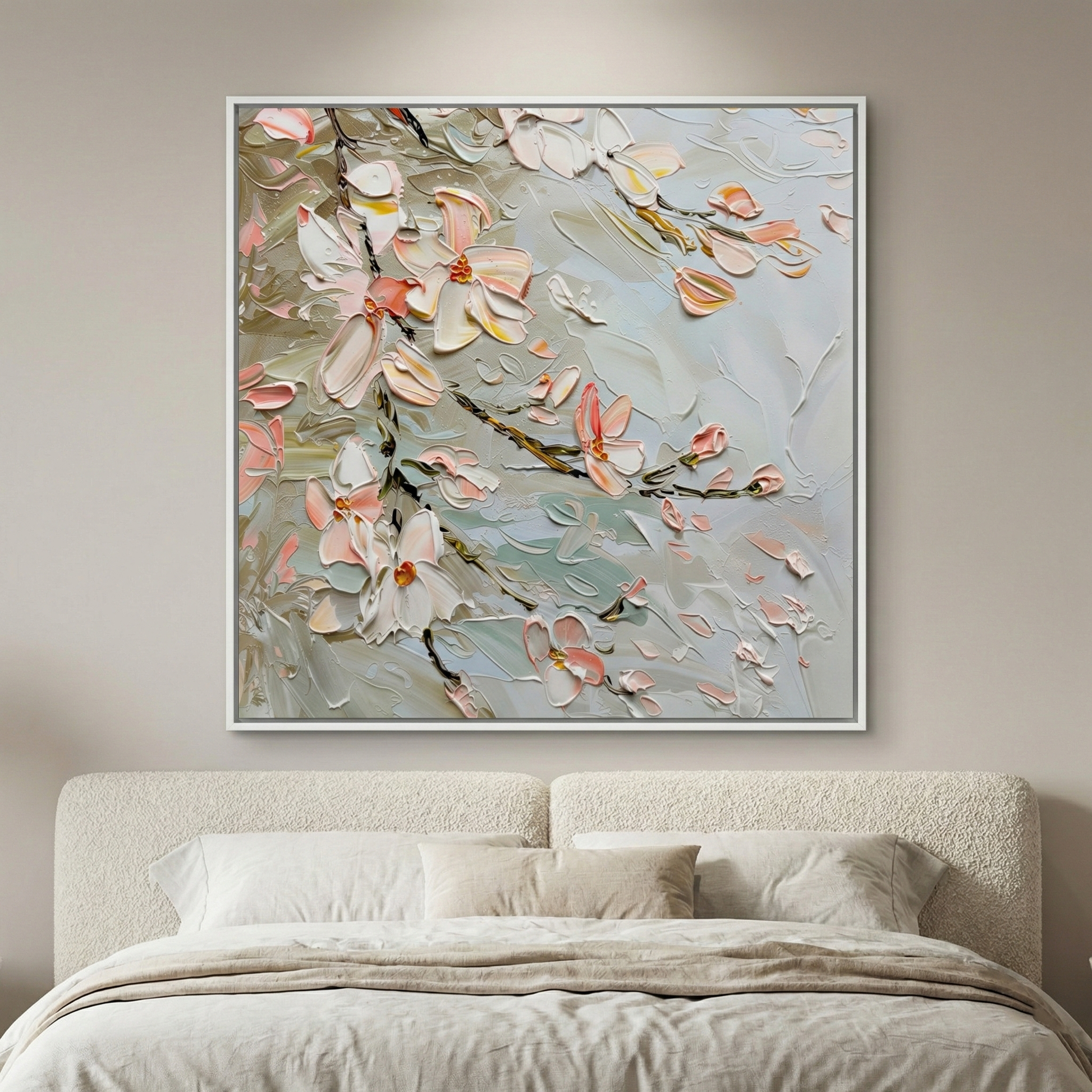 Resonant Drift above a cream bed in a soft neutral bedroom