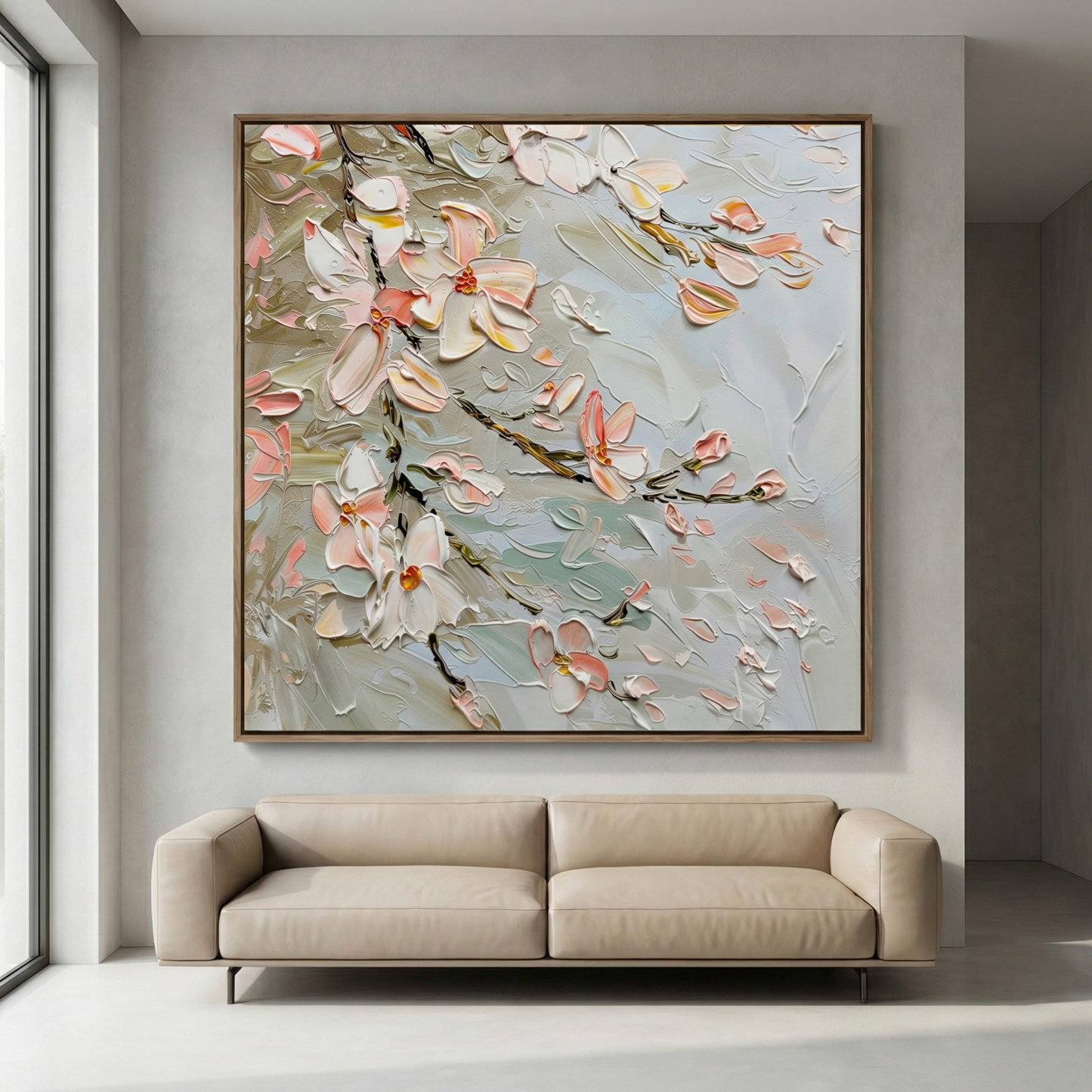 Resonant Drift square floral artwork above a neutral sofa