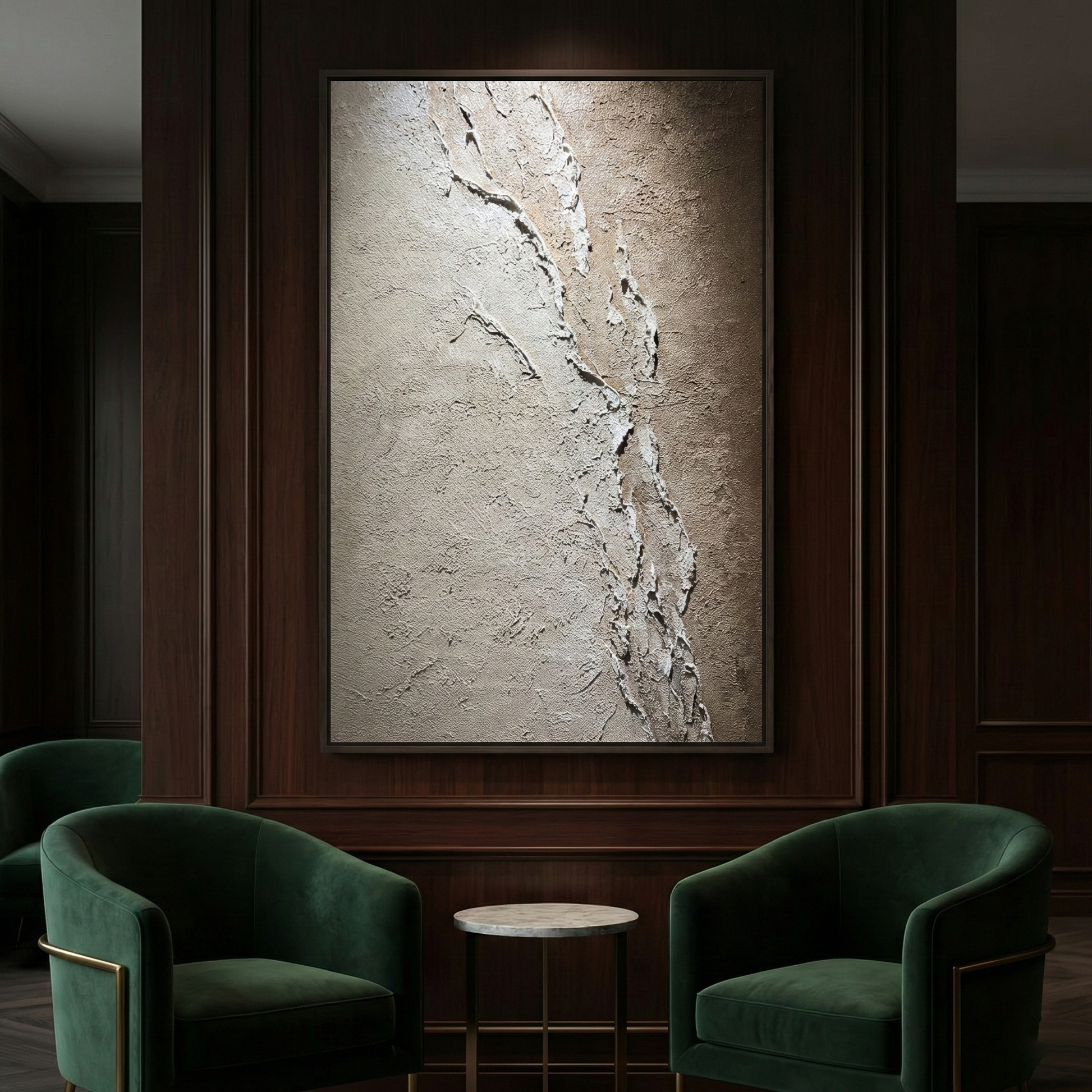 Resonant Strata earth-tone wall art in a dark green lounge
