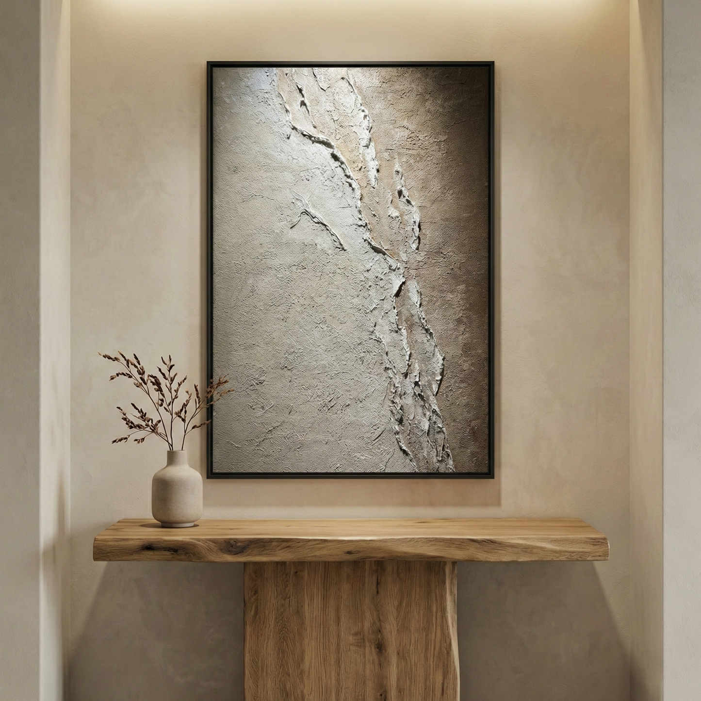 Resonant Strata above a wood console in a warm neutral entryway