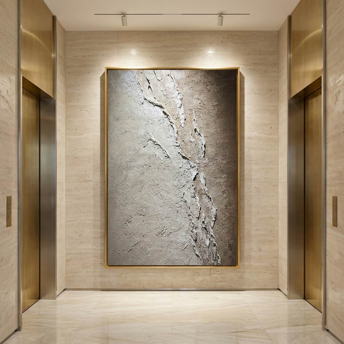 Resonant Strata tall artwork in a softly lit hotel lobby