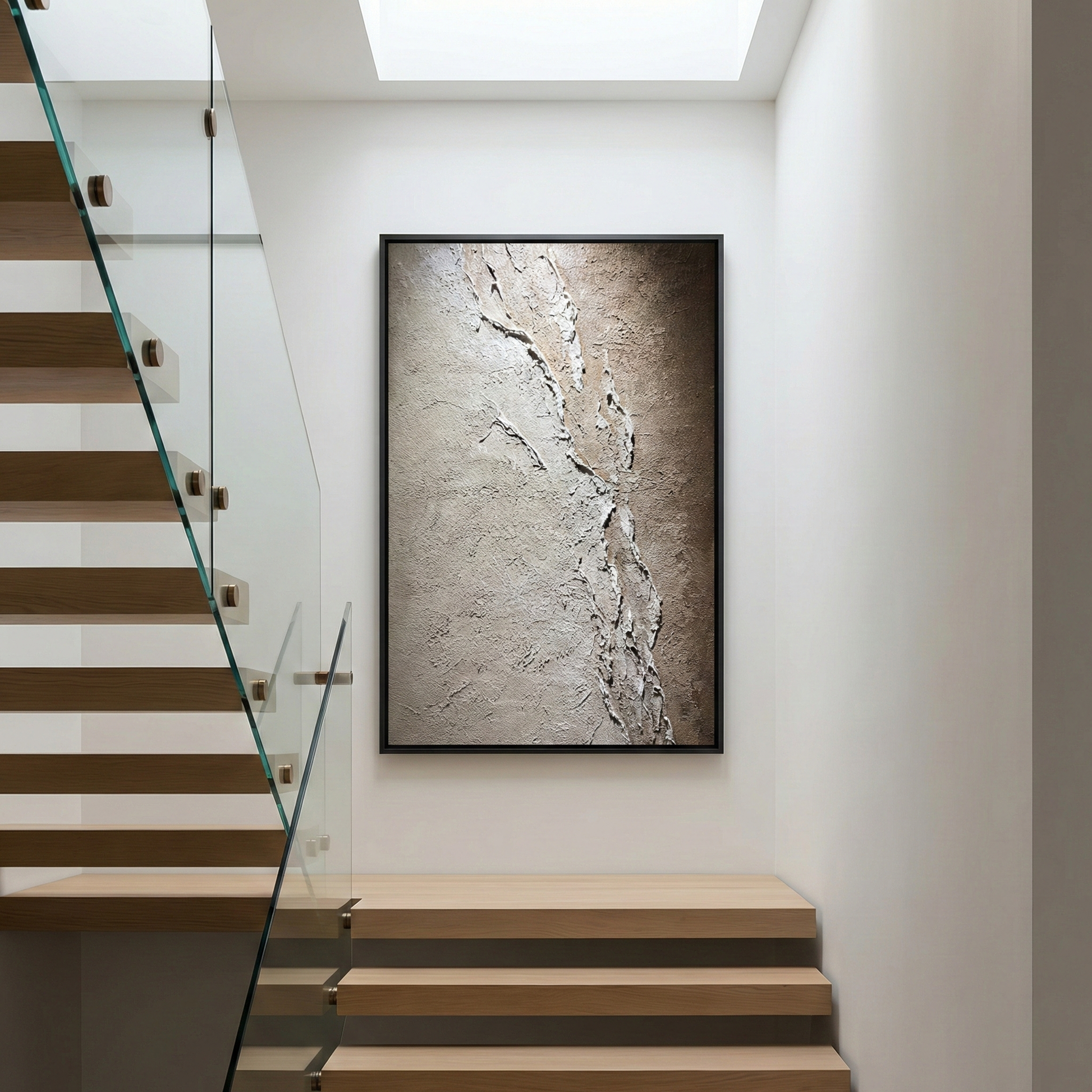 Resonant Strata tall textured artwork beside a modern staircase