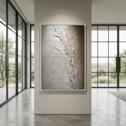 Resonant Strata displayed between large black-framed windows