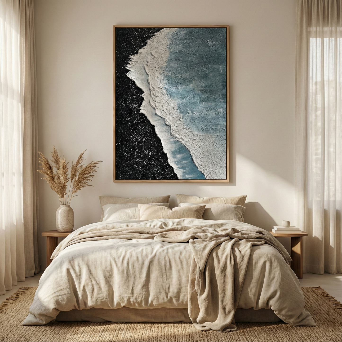 Silence in Onyx above a neutral bed in a bright bedroom