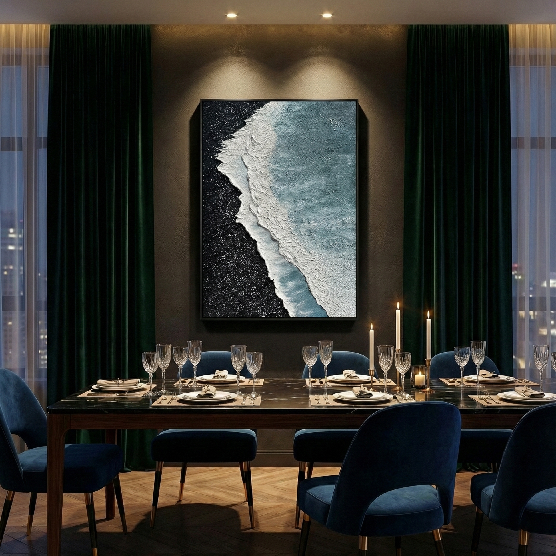 Silence in Onyx above a dark blue dining room table