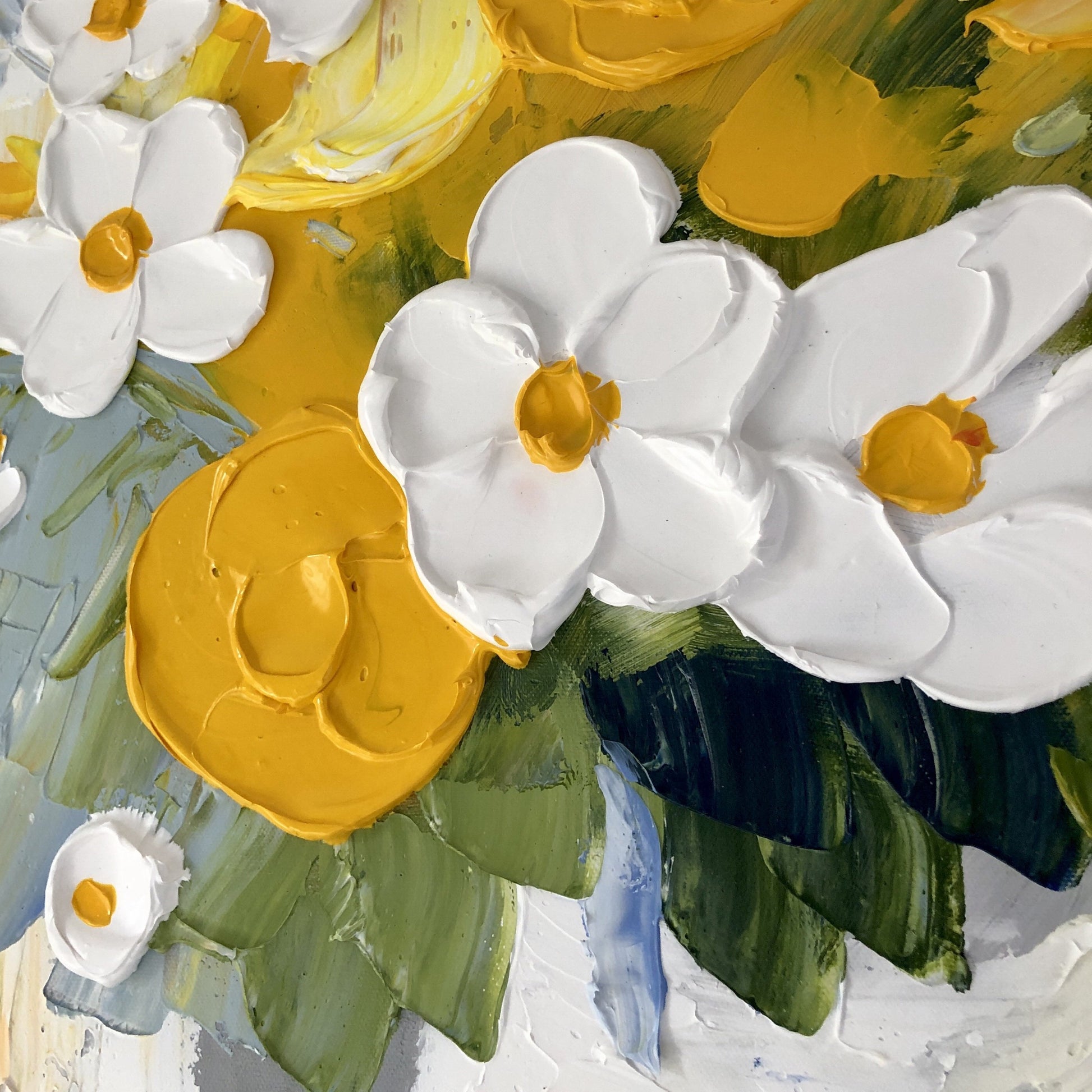 Close view of Solaris Impasto ochre palette-knife marks