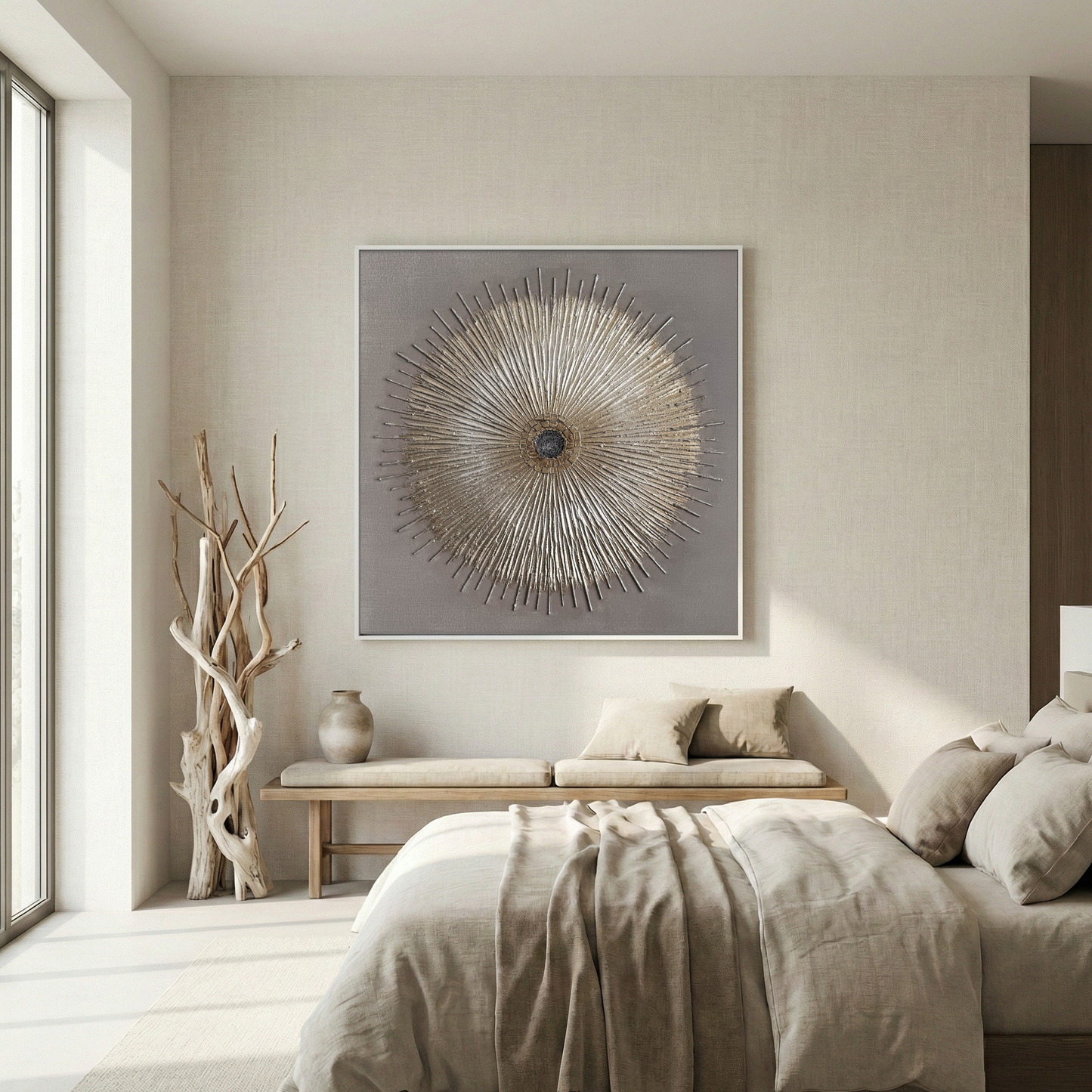 Solstice Relief above a neutral bed in a bright bedroom