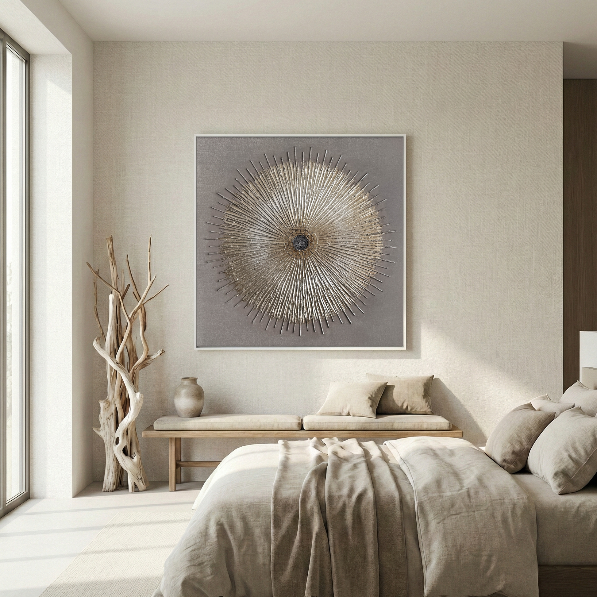 Solstice Relief above a neutral bed in a bright bedroom