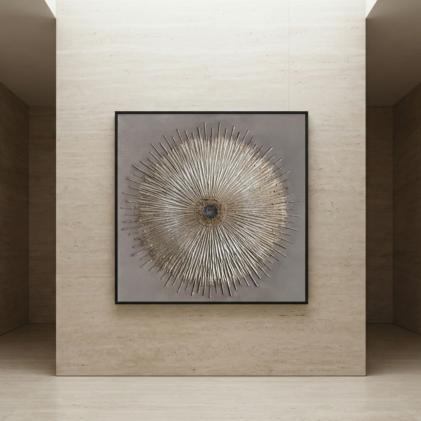 Solstice Relief square statement artwork in a tall foyer