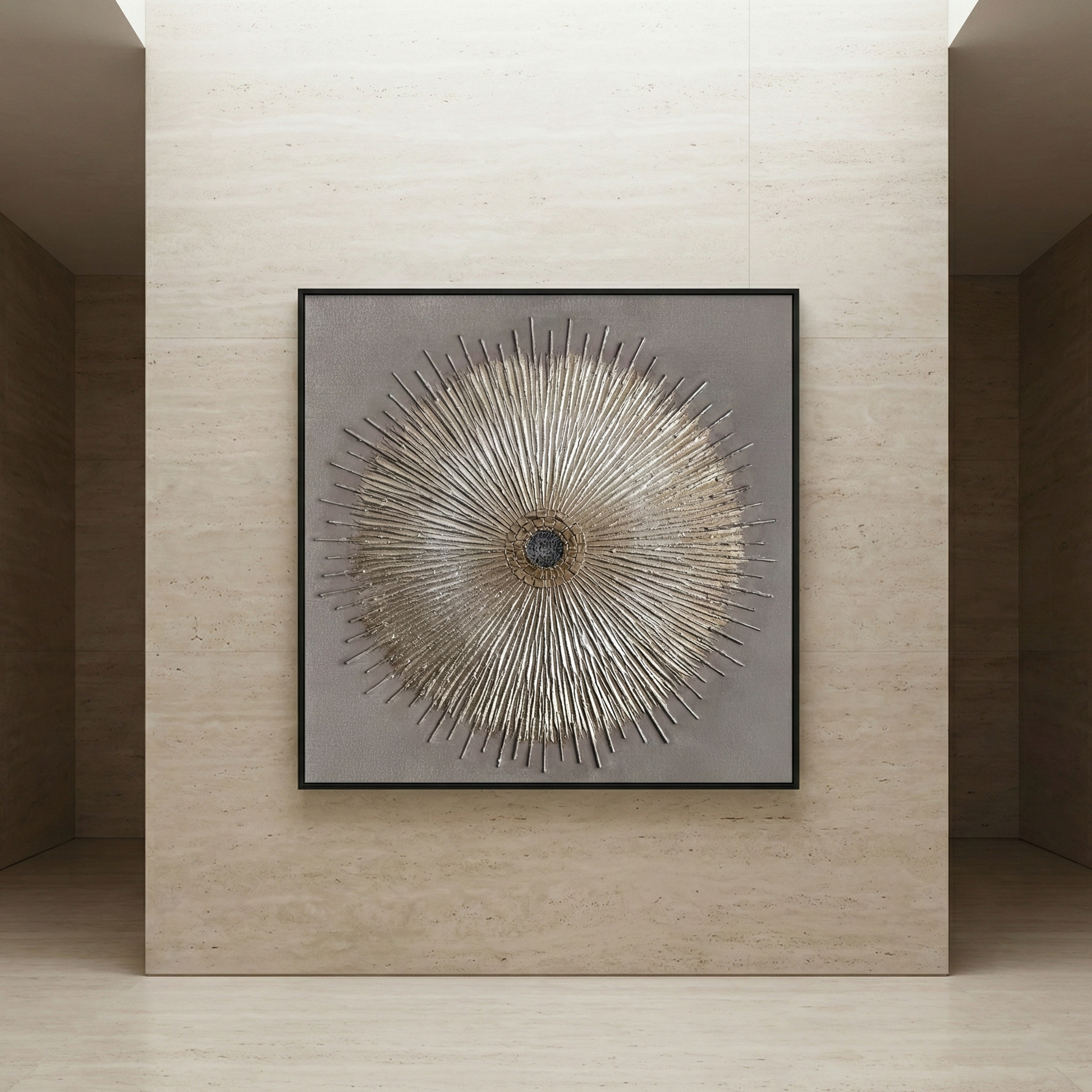 Solstice Relief square statement artwork in a tall foyer