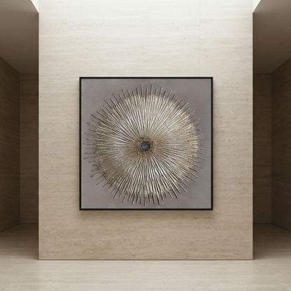 Solstice Relief square statement artwork in a tall foyer