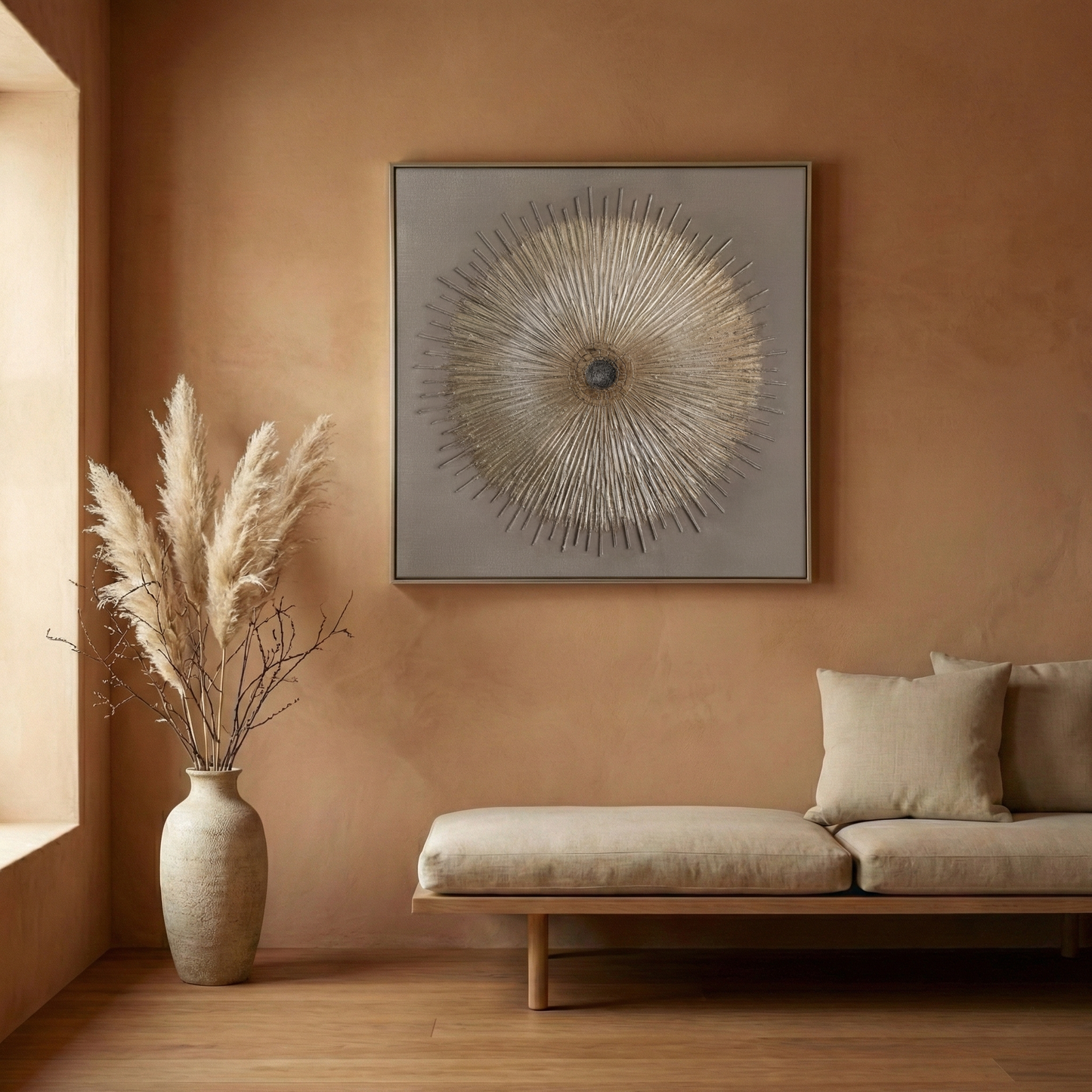 Solstice Relief on a warm clay wall above a cream bench