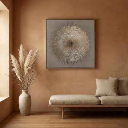 Solstice Relief on a warm clay wall above a cream bench