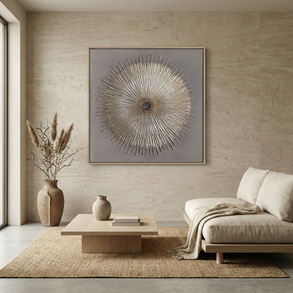 Solstice Relief above a neutral sofa in a Japandi living room