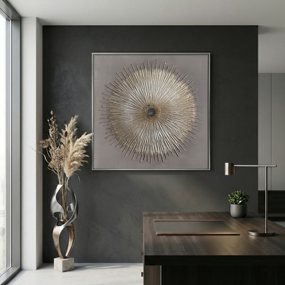 Solstice Relief square radial artwork in a dark executive office