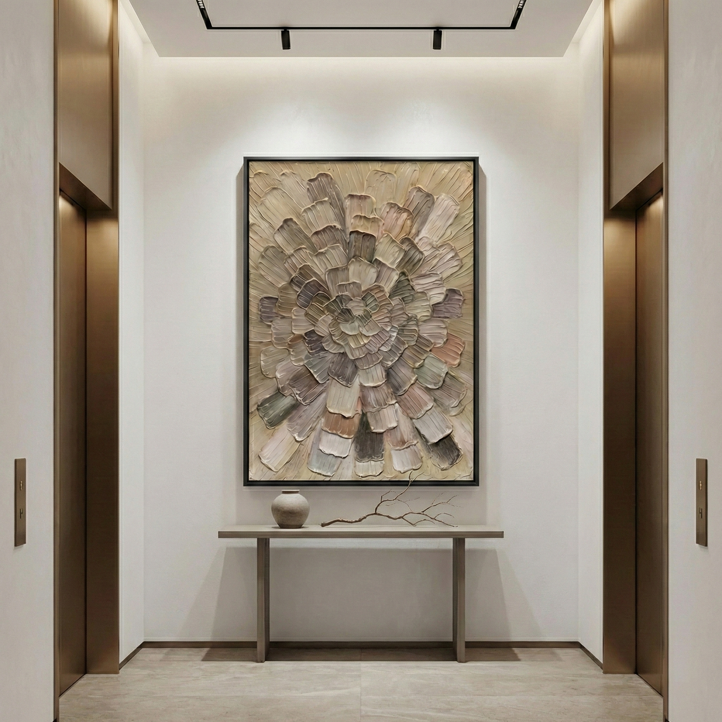 Tectonic Bloom in a softly lit elevator lobby