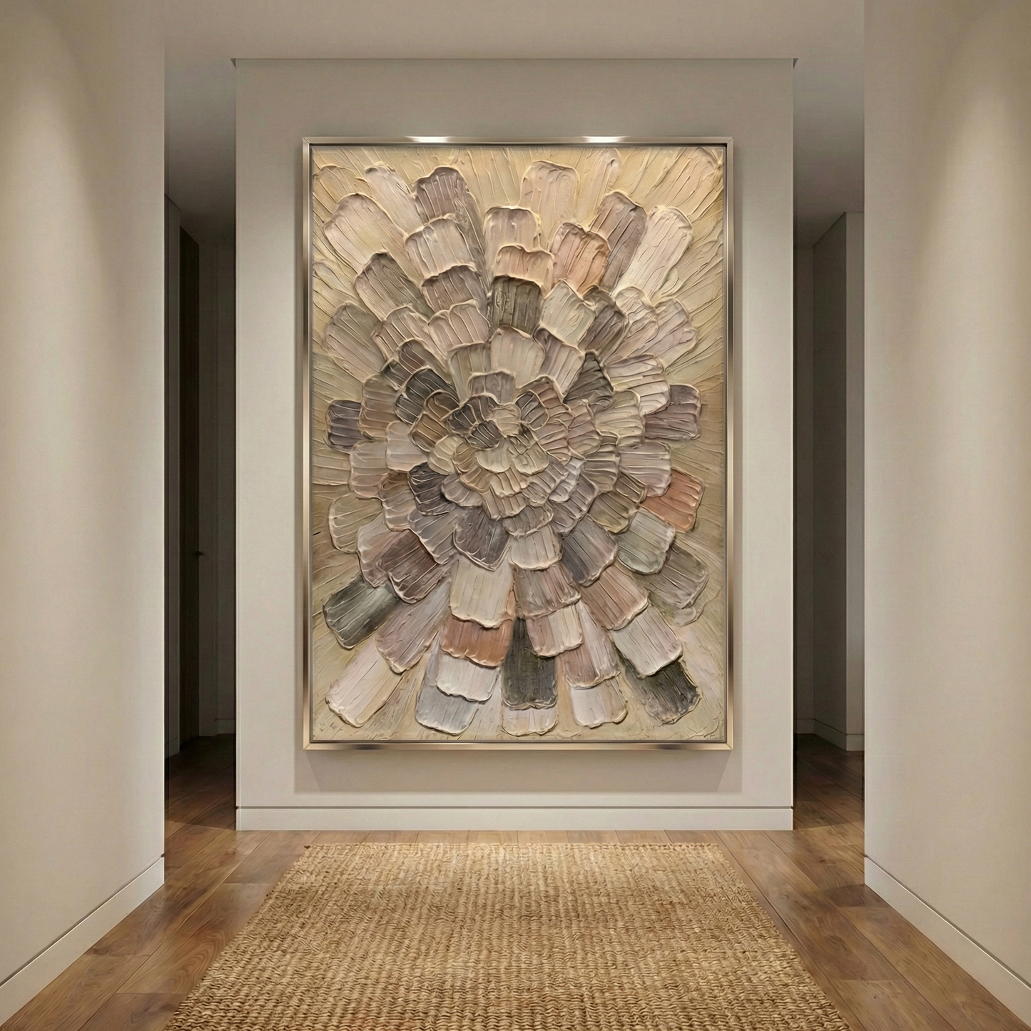Tectonic Bloom vertical artwork at the end of a neutral hallway