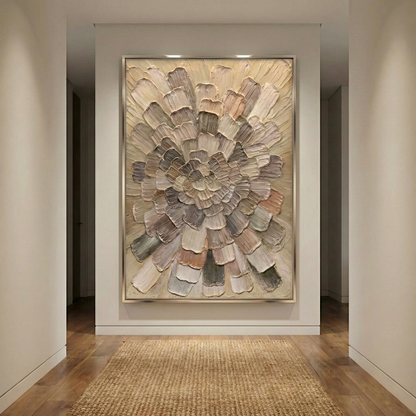 Tectonic Bloom vertical artwork at the end of a neutral hallway