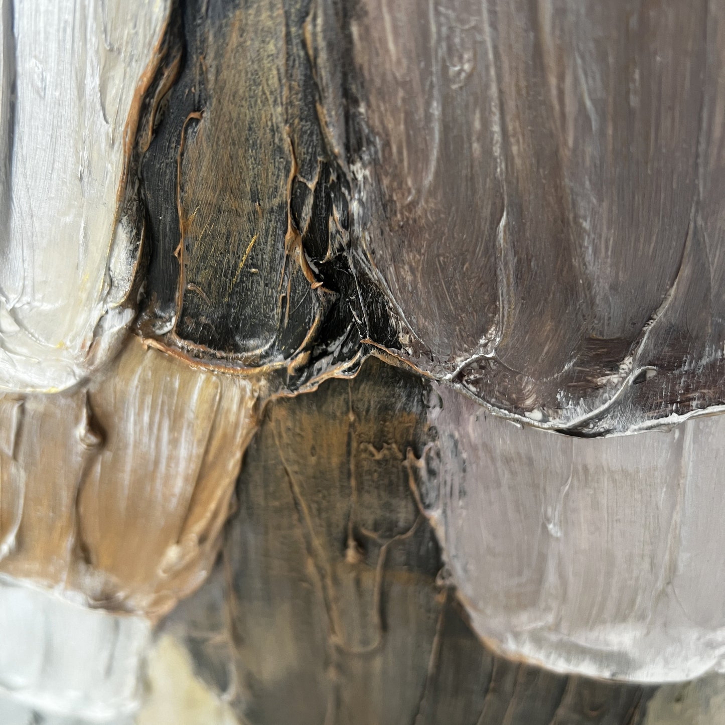 Close view of Tectonic Bloom taupe, cream and charcoal impasto