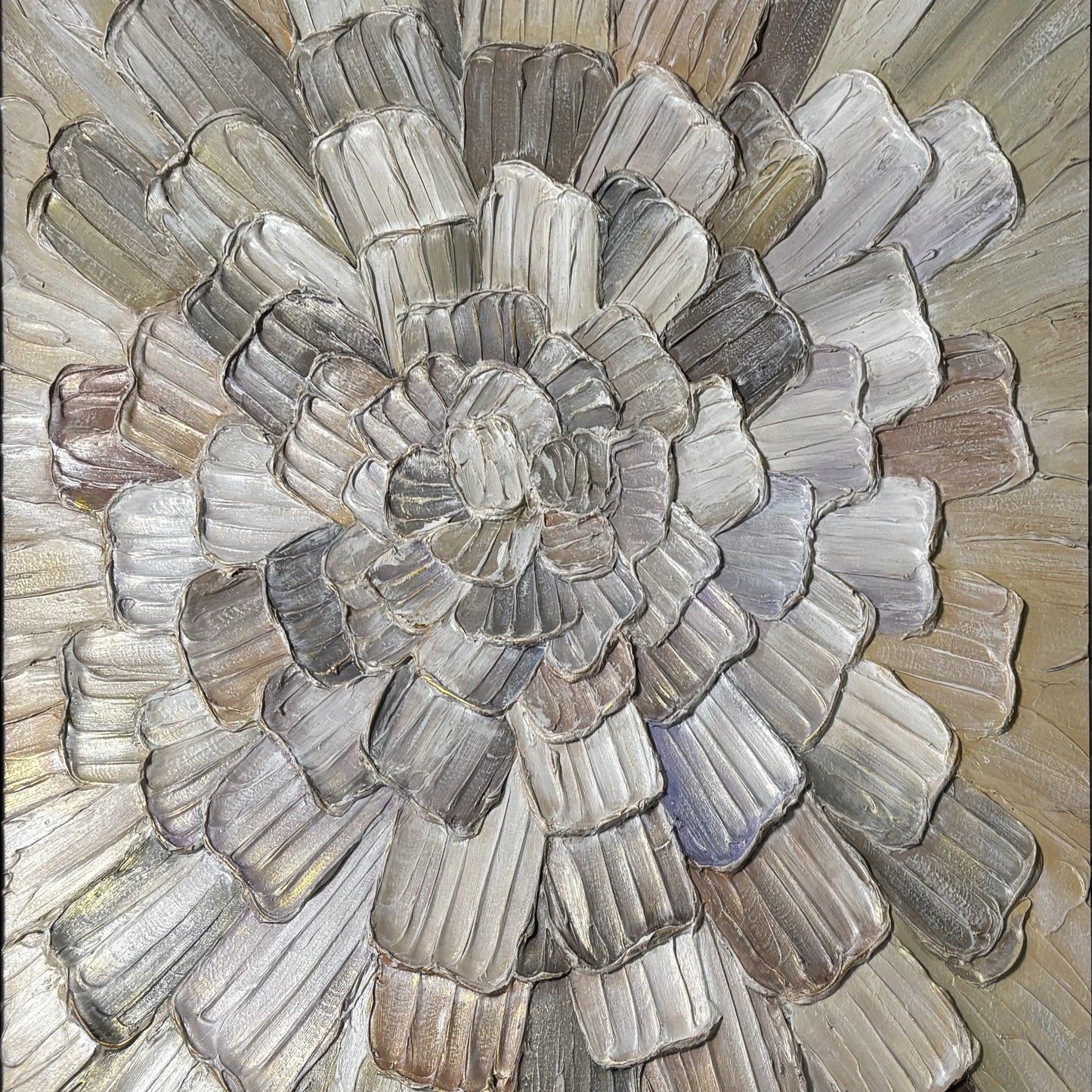 Close view of Tectonic Bloom layered gray and cream brush marks