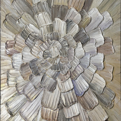 Close view of Tectonic Bloom layered gray and cream brush marks