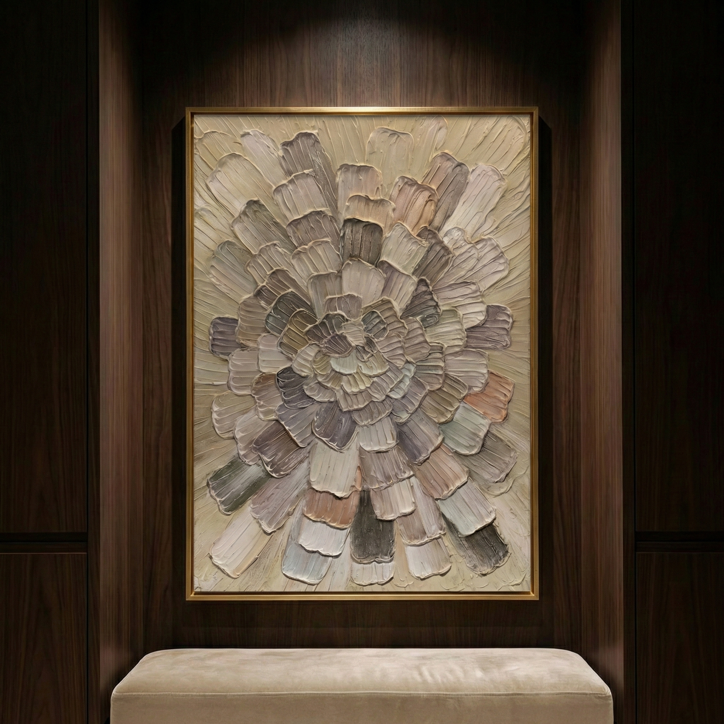 Tectonic Bloom large neutral artwork in a dark lounge