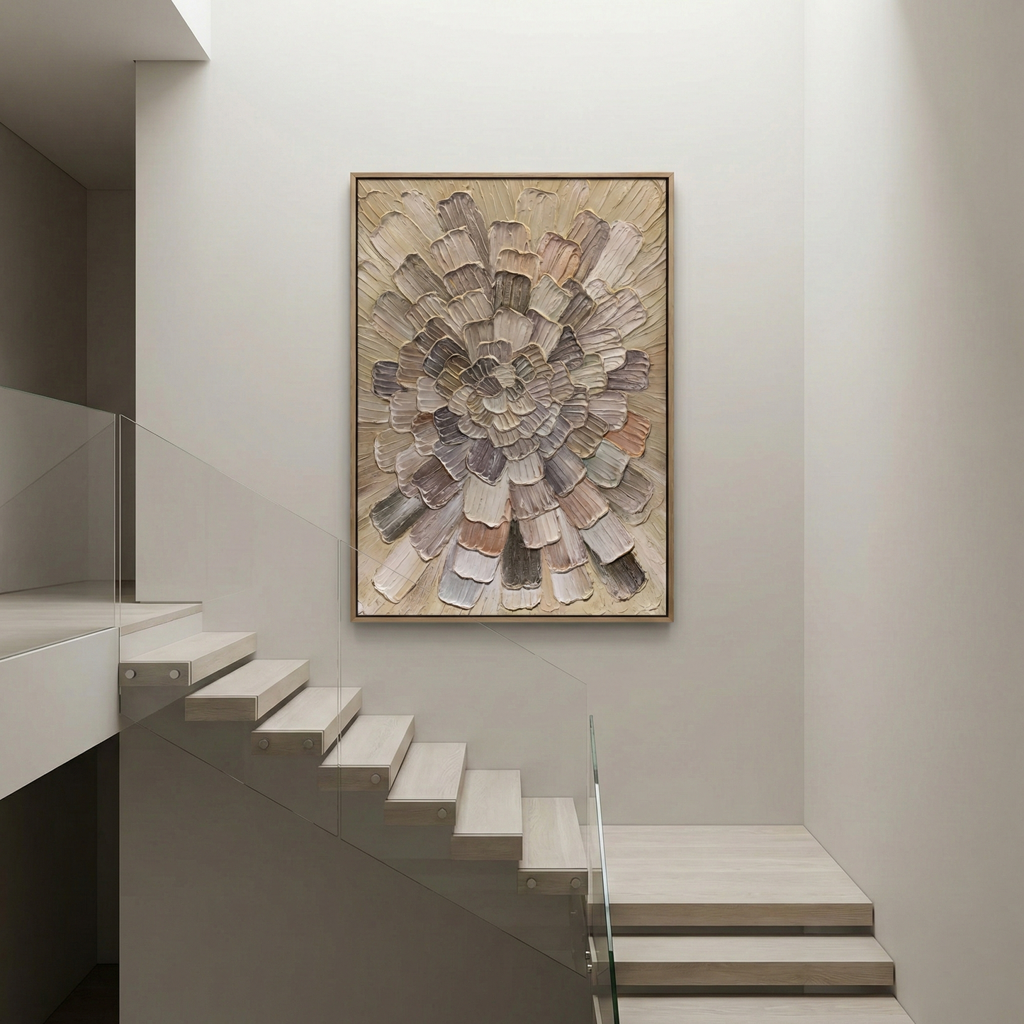 Tectonic Bloom tall impasto artwork beside a modern staircase
