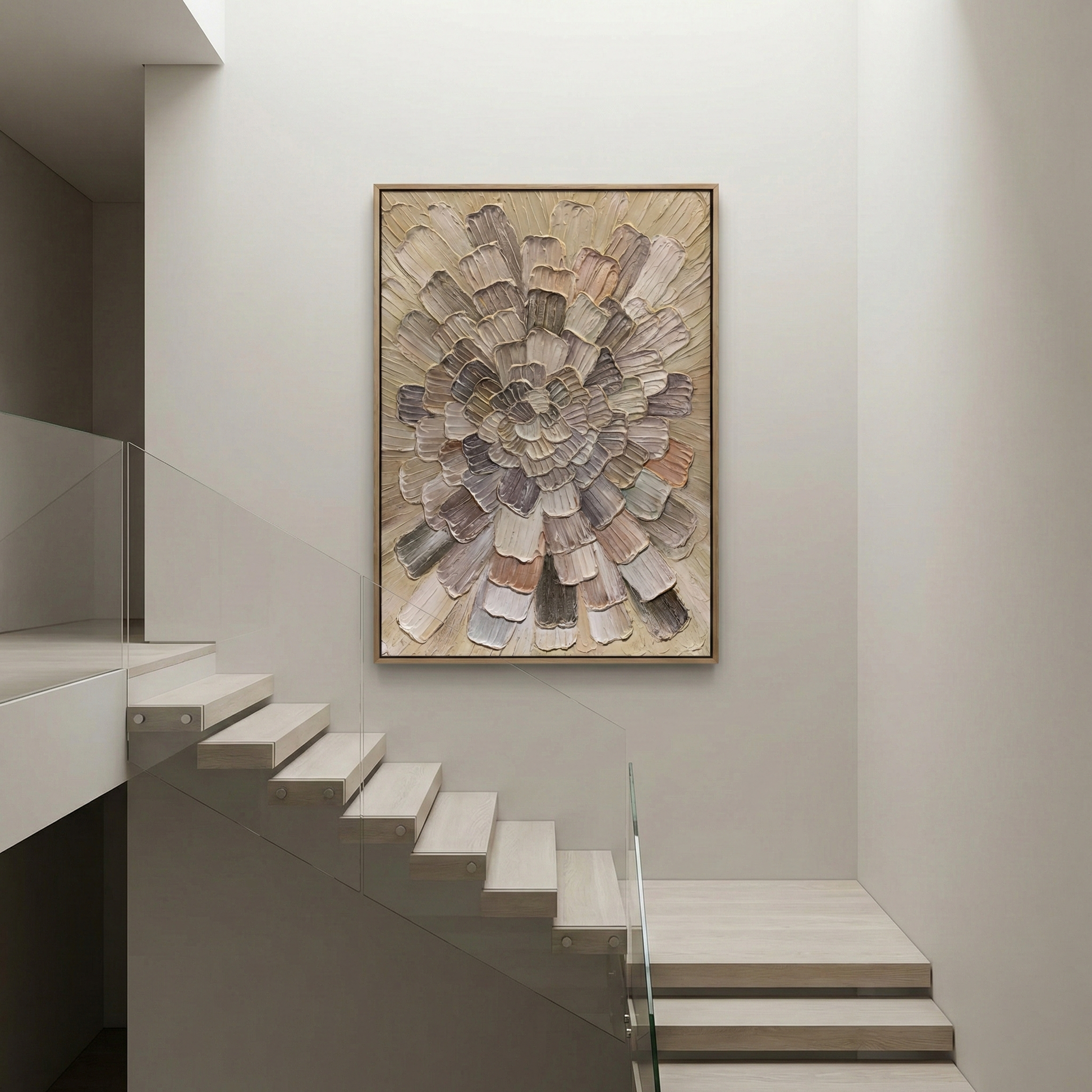 Tectonic Bloom tall impasto artwork beside a modern staircase