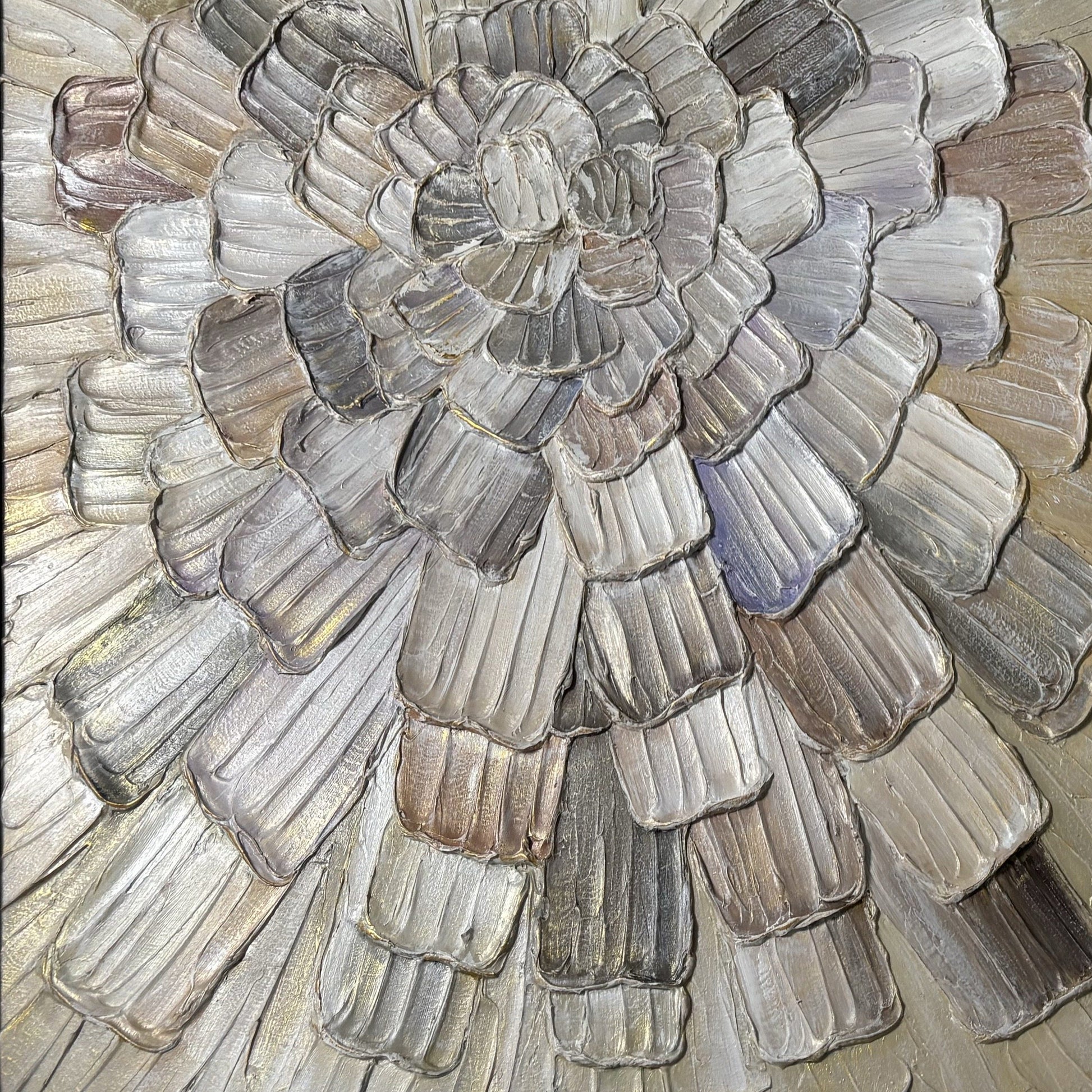 Close view of Tectonic Bloom warm neutral impasto rings