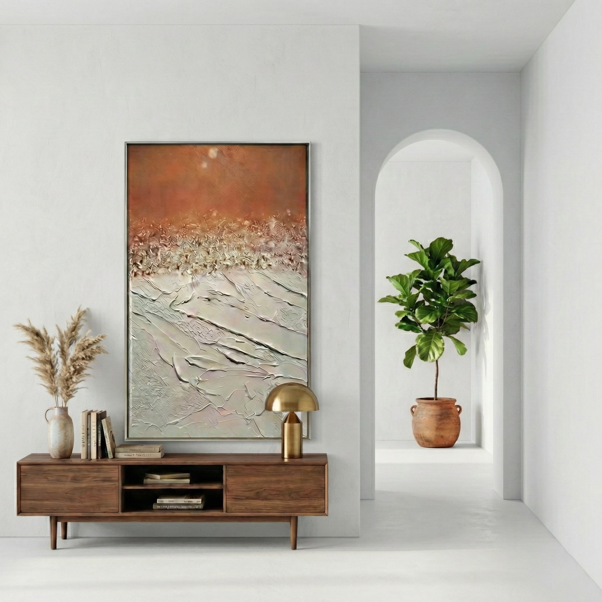 Terra Flux tall wall art at the end of a bright hallway