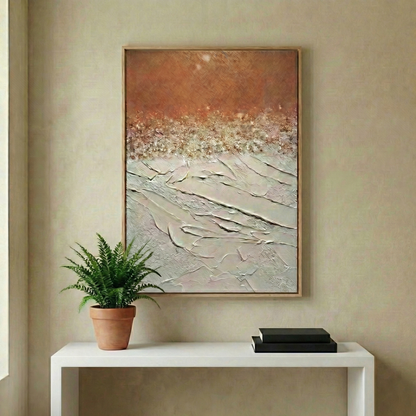 Terra Flux above a wood console in a neutral living room