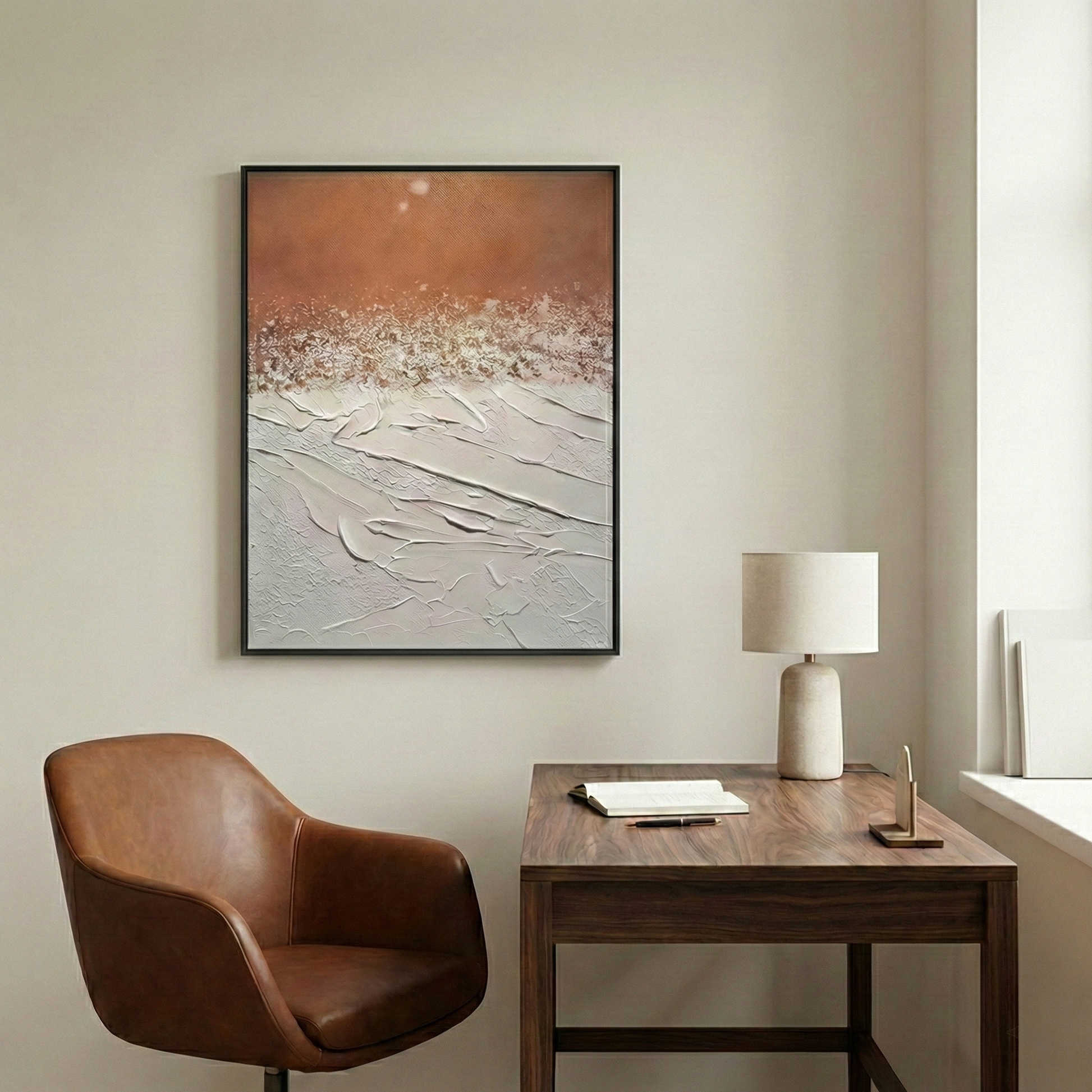 Terra Flux vertical abstract artwork in a modern home office