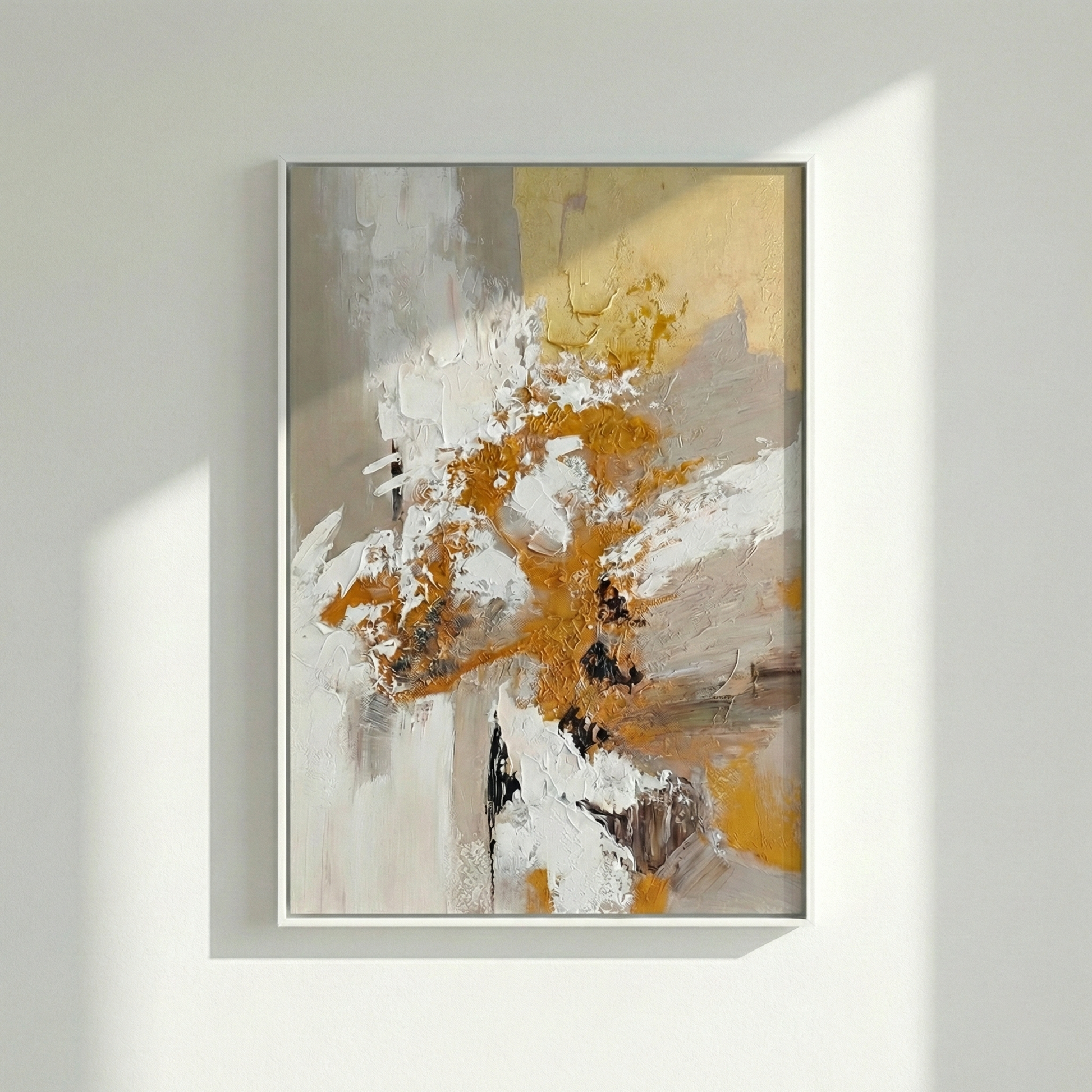 Aeterna gold and cream impasto wall art in directional sunlight