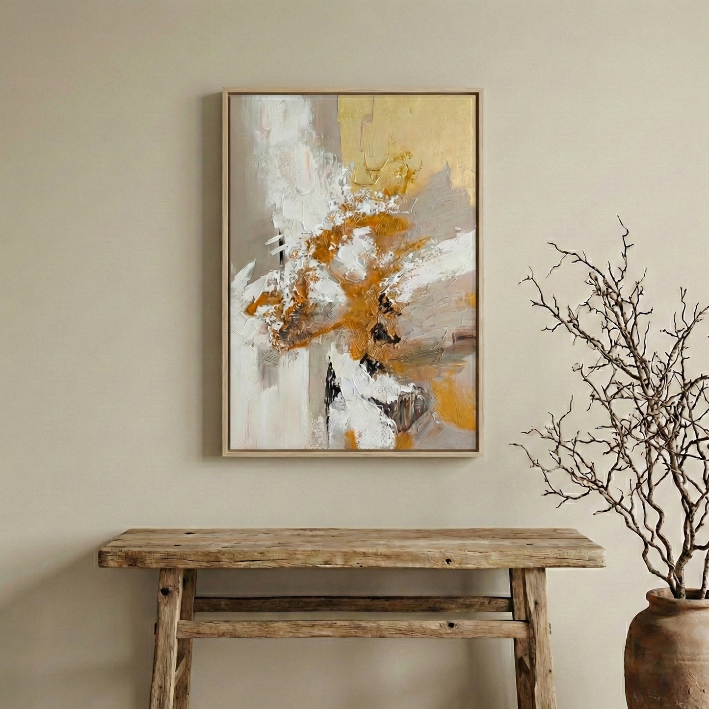 Aeterna textured abstract wall art above a rustic entryway console