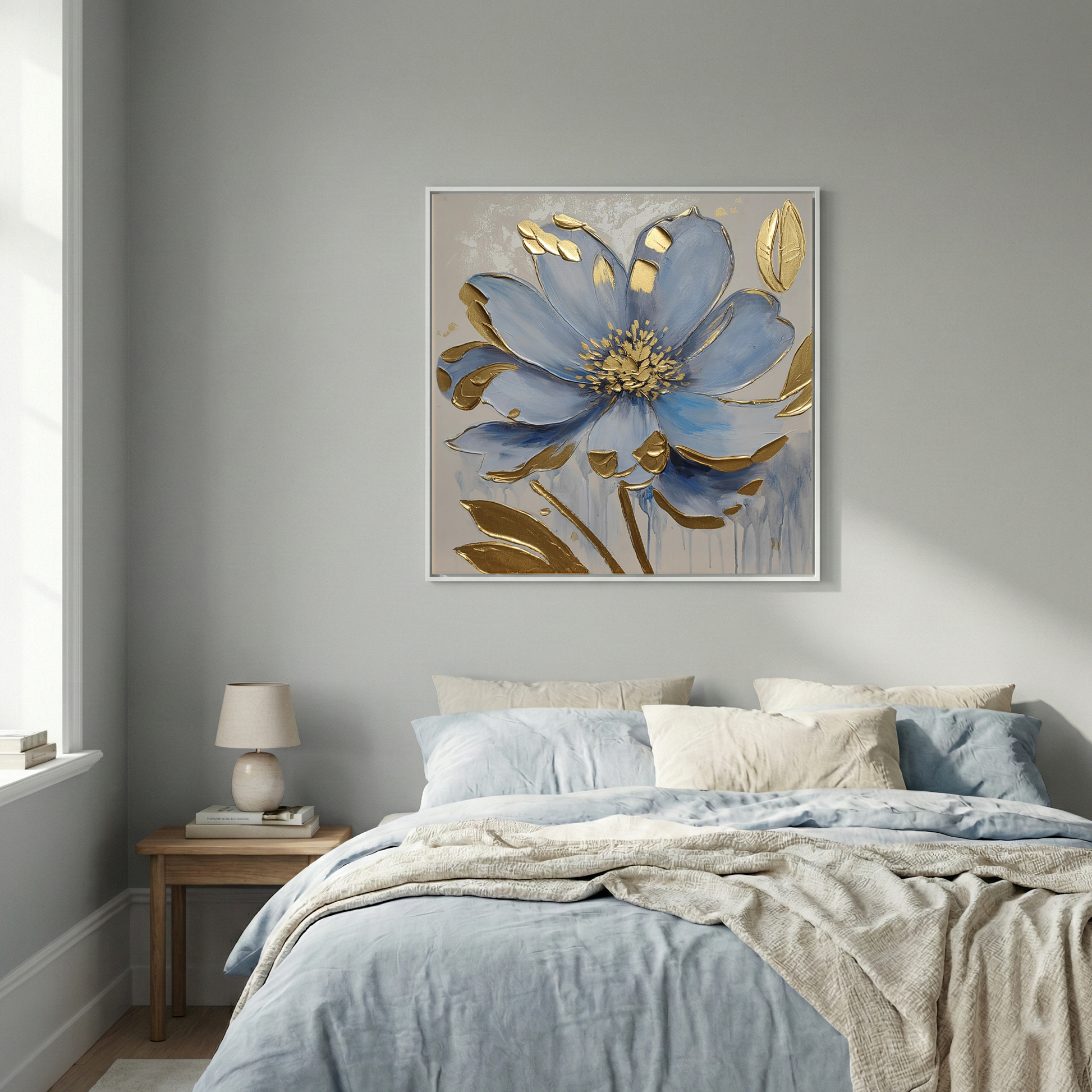 Gilded Azure above a blue and cream bed in a light bedroom
