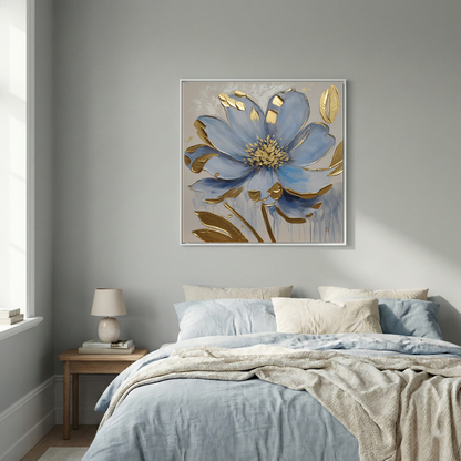Gilded Azure above a blue and cream bed in a light bedroom