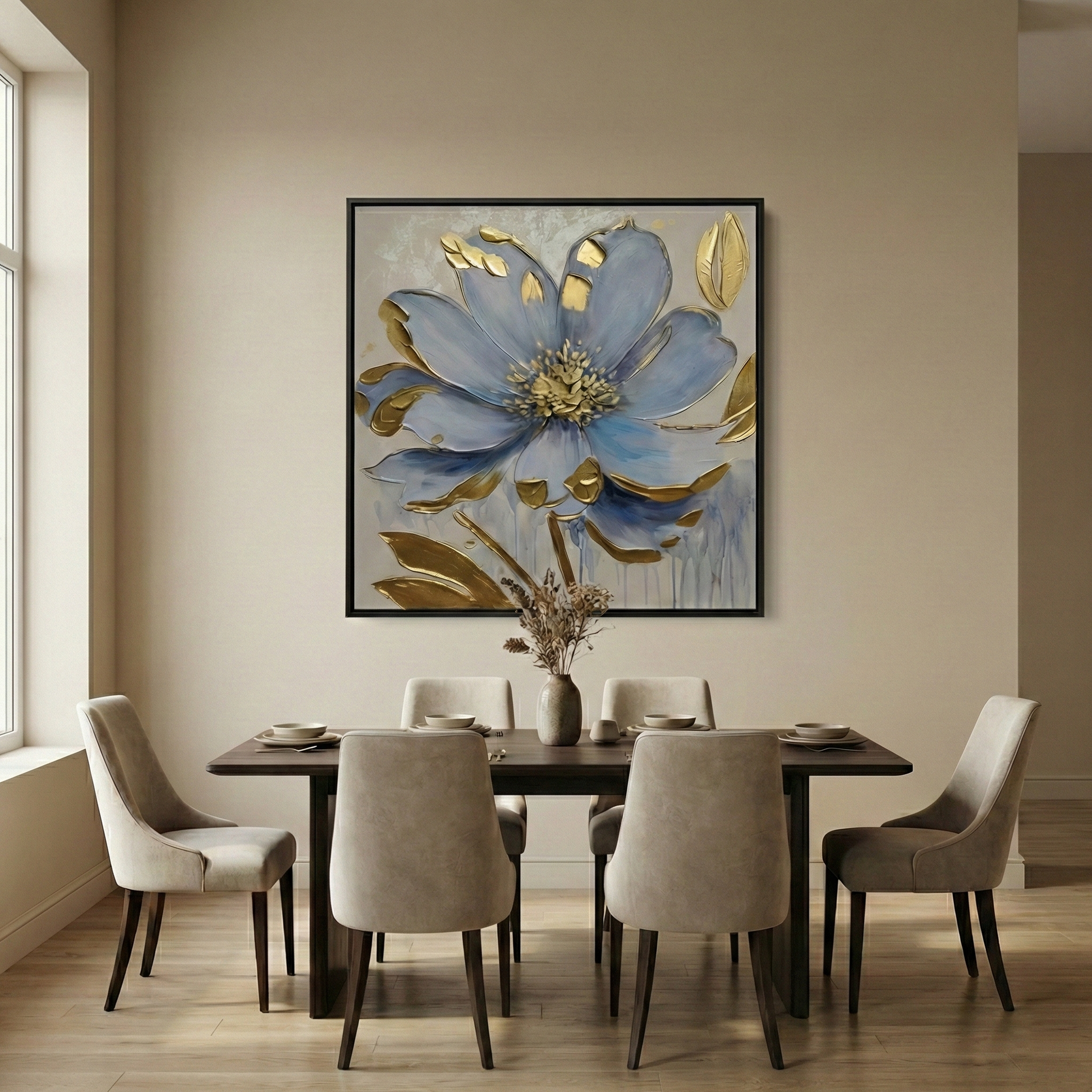 Gilded Azure blue floral art above a neutral dining table