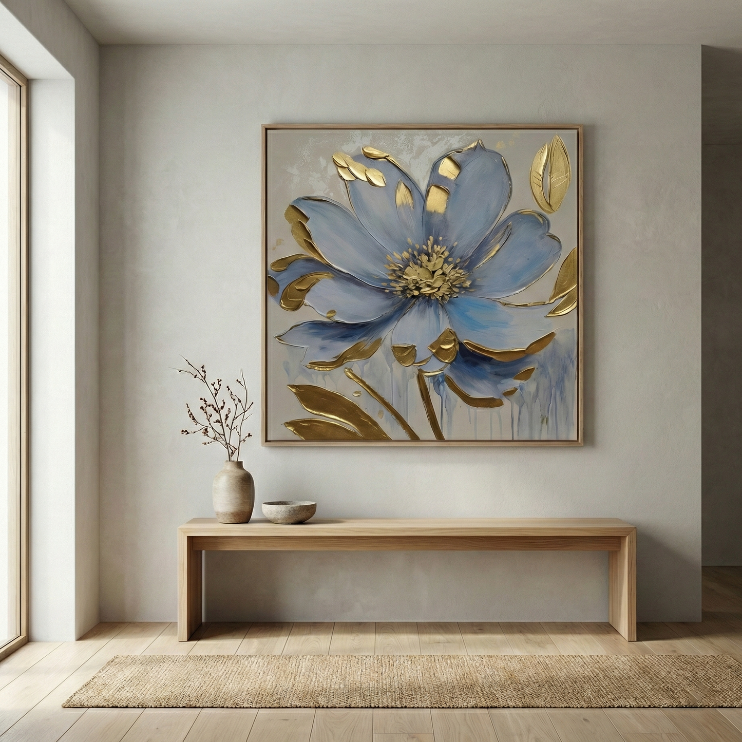 Gilded Azure above a minimal wood bench in a bright entryway
