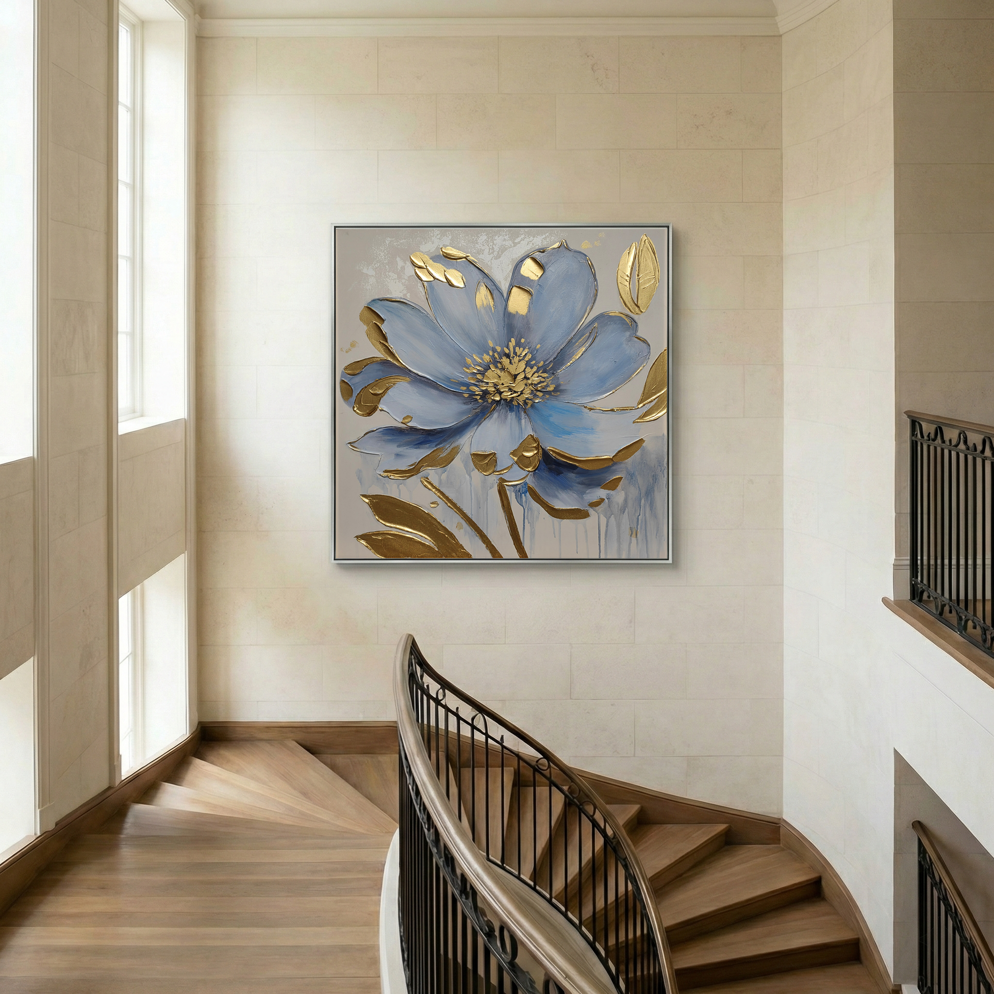Gilded Azure displayed above a curved staircase landing