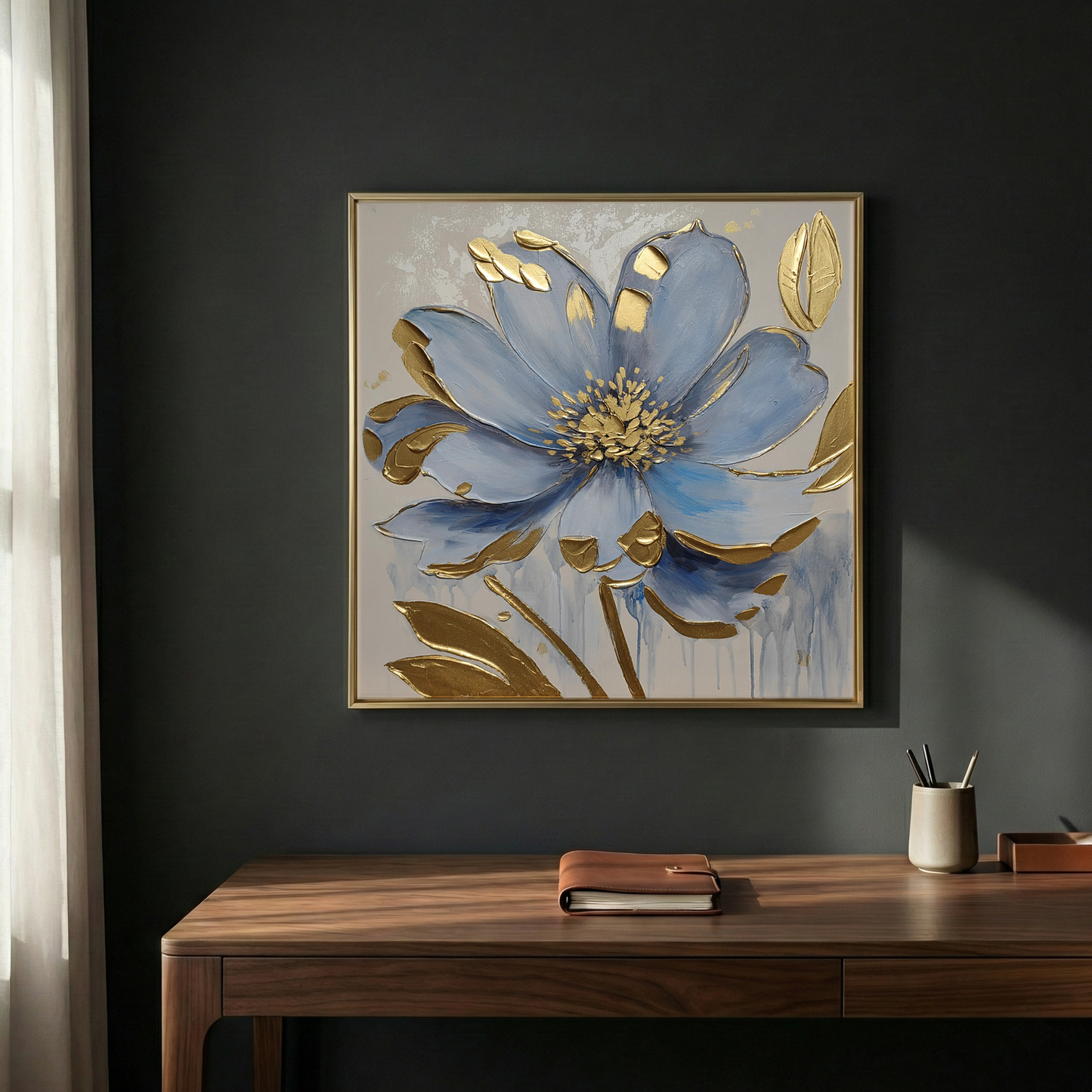Gilded Azure blue floral artwork above a dark wood office desk