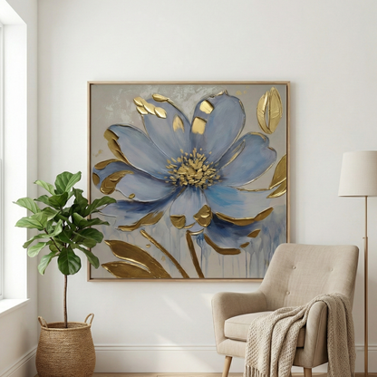 Gilded Azure beside a neutral lounge chair and indoor tree