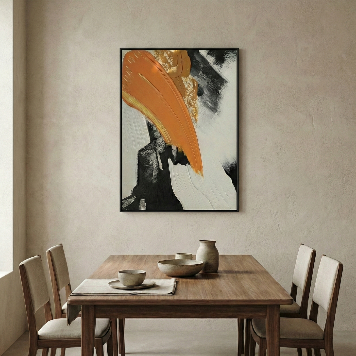 The Terra tall abstract artwork in a neutral dining room