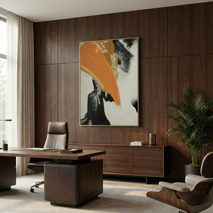 The Terra vertical abstract wall art in a dark office