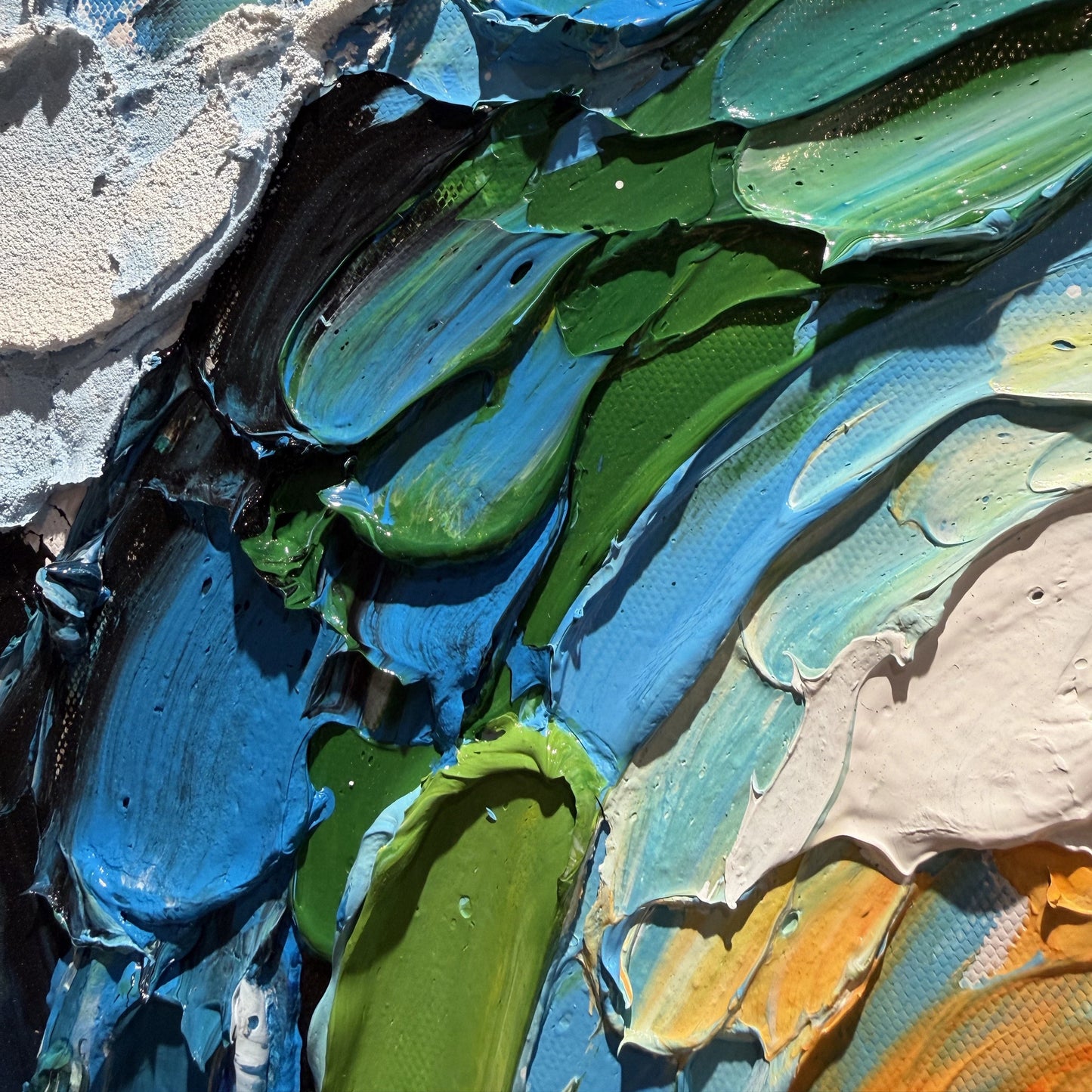 Close view of Tidal Crest palette-knife marks around the curling wave