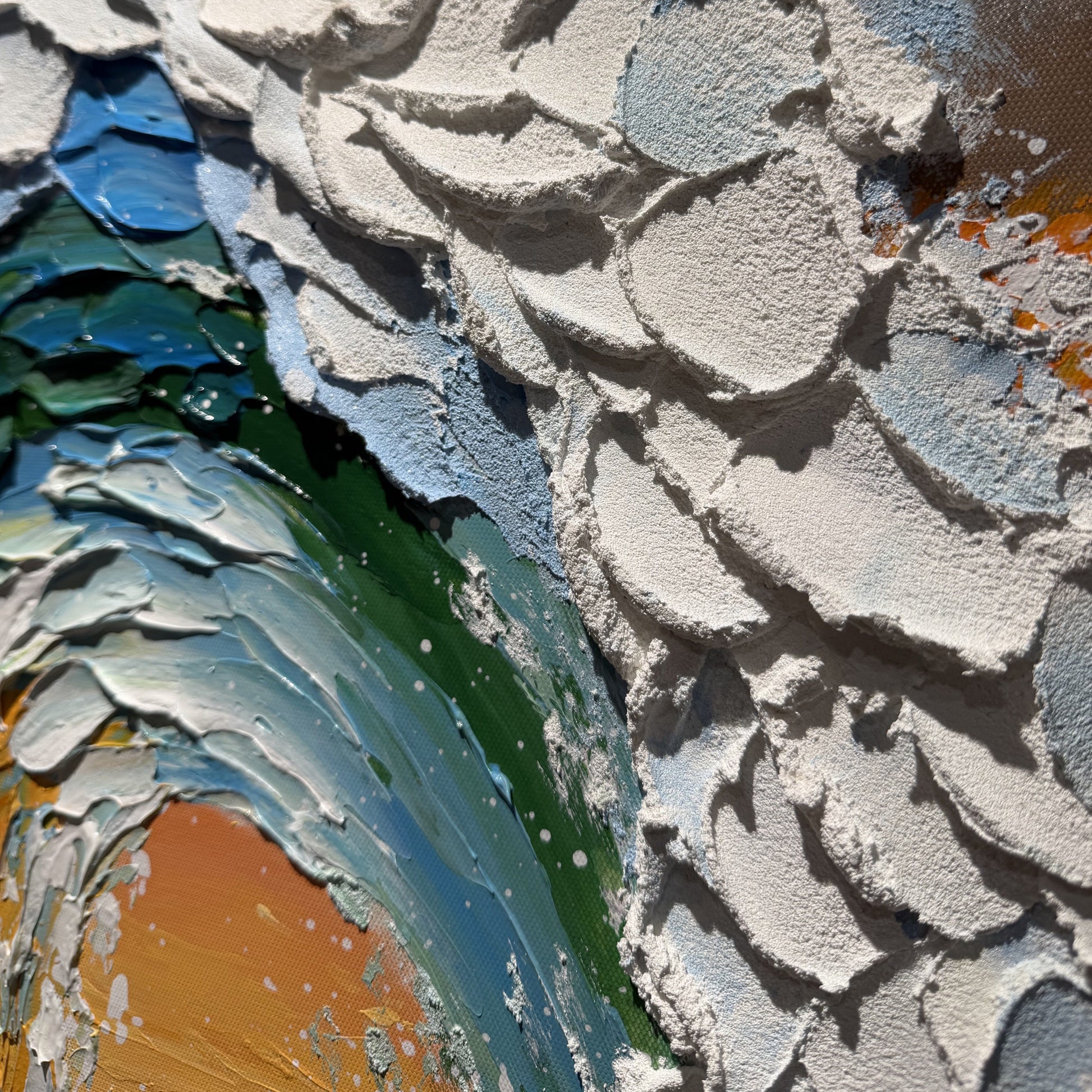 Close view of Tidal Crest thick blue, green and white impasto