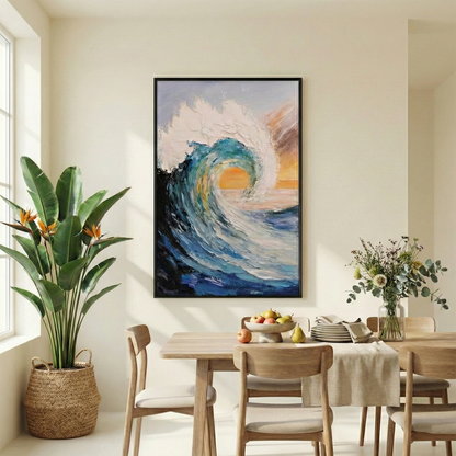 Tidal Crest blue wave artwork in a bright dining room