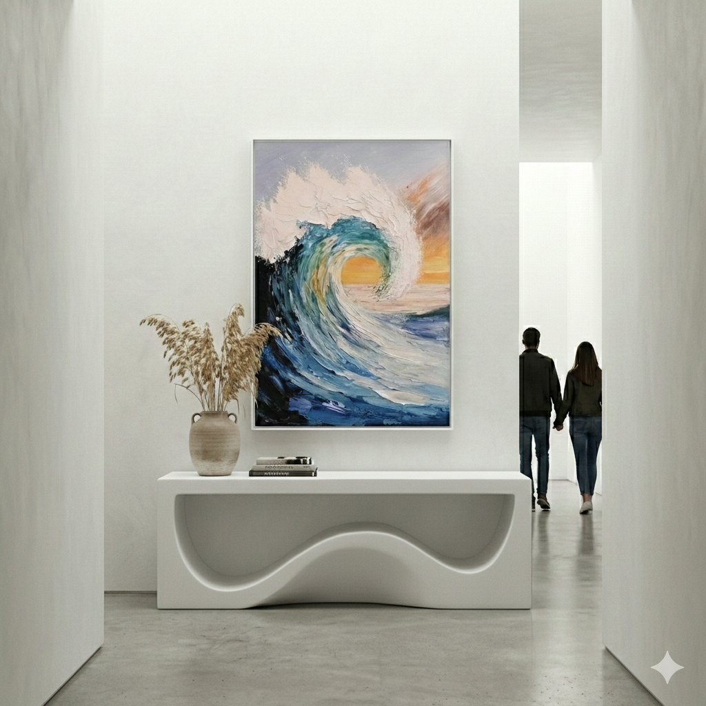 Tidal Crest displayed above a console in a white entryway