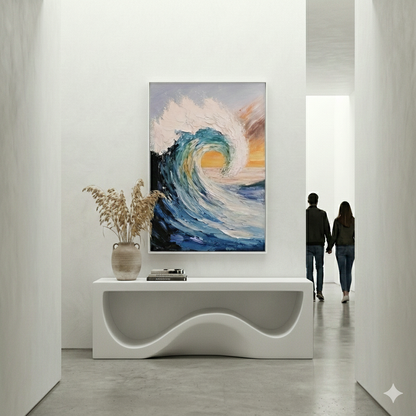 Tidal Crest displayed above a console in a white entryway