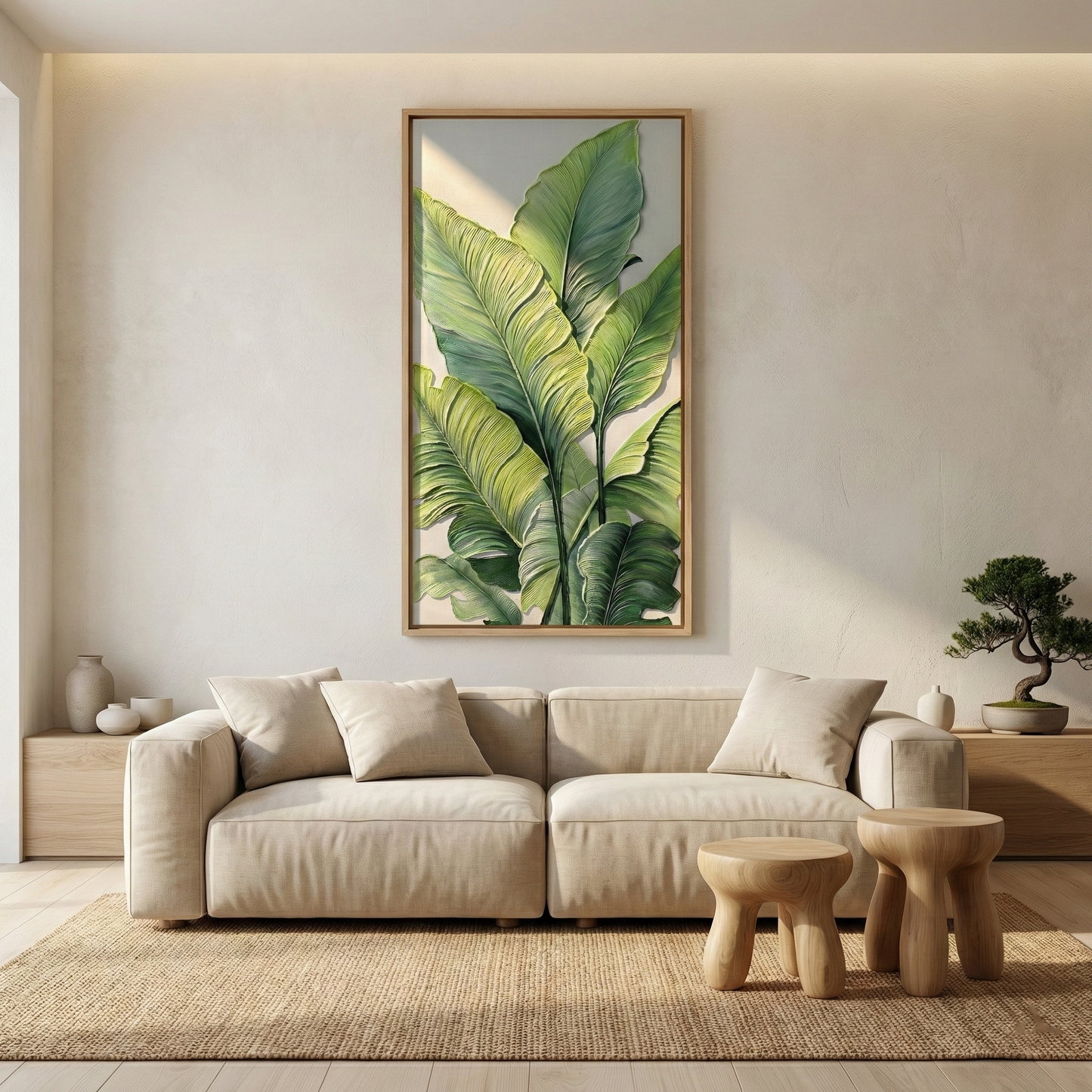 Verdant Stratum tall leaf artwork in a warm neutral living room